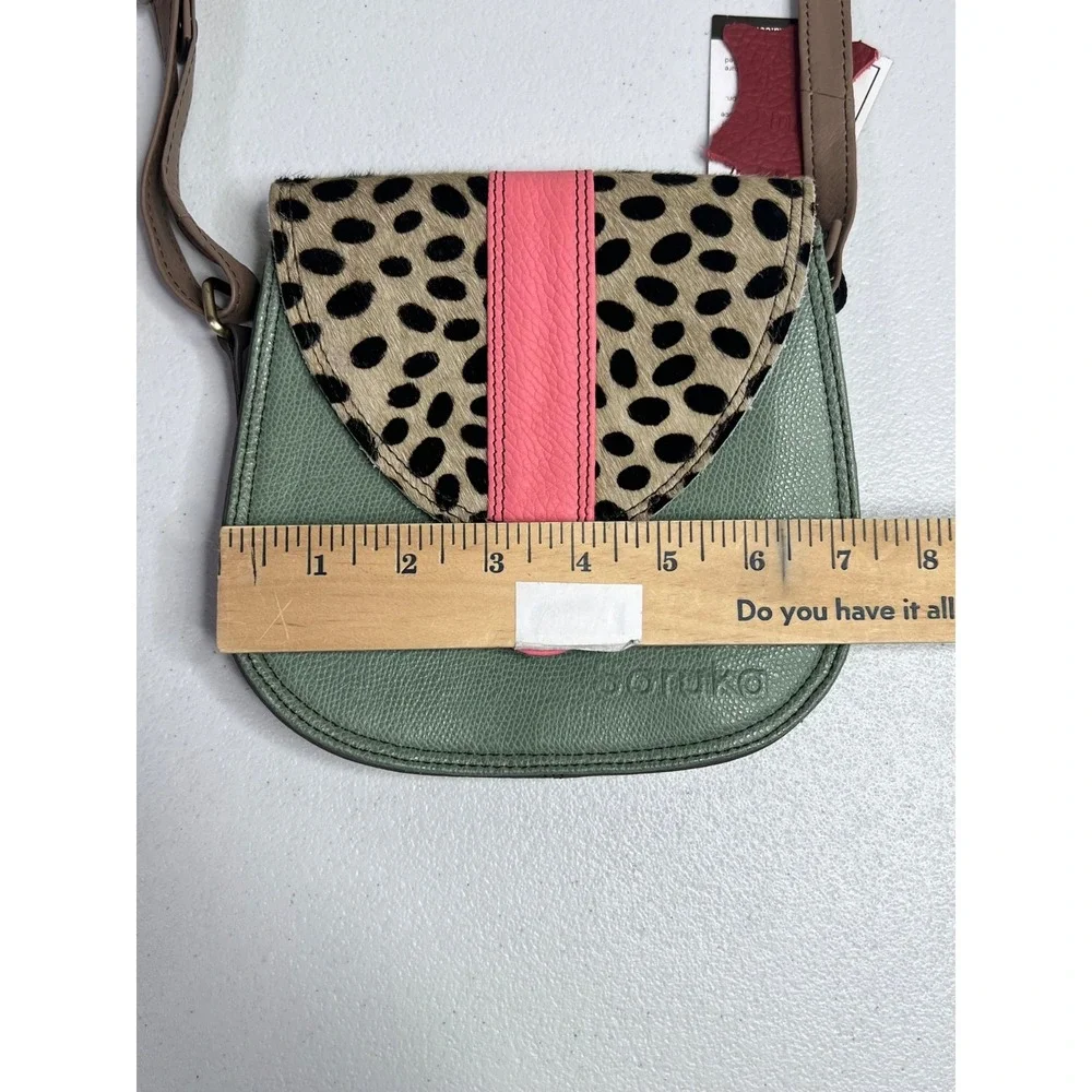 Soruka Ferrara Leather Crossbody Bag Green Pink Calf Hair Animal Print Purse NEW